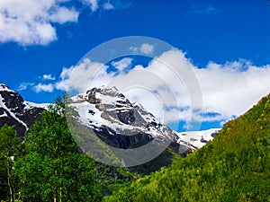 Mountain range around Briksdal Glacier, Norway.