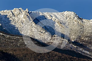 Mountain range on the background of blue sky