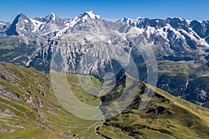 Mountain range in Bernese Alps with Eiger, Monch and Jungfrau peaks