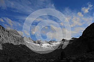 Mountain Range in Black and White with Blue Skies