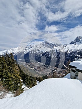 Mountain range and Chamonix valley view from ski slope in Chamonix ski resort, French Alps