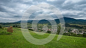 Mountain range clouds panoramic landscape.