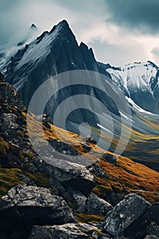 A mountain range with a cloudy sky and snow covered mountains, AI