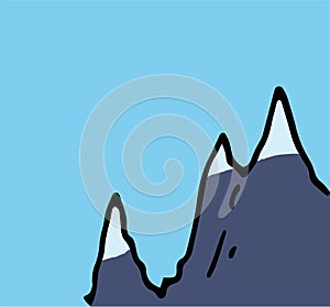 mountain range color. rocks with sharp peaks, hand-drawn with a black gray line with snow on top in a blue sky. The