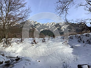 mountain range covered with snow