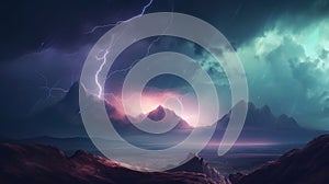 A mountain range with dramatic lightning under a stormy sky. Generative ai