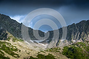 Mountain range with glaciers on slope under gloomy sky. Rainy gray clouds over snowy cliffs. Planning climb to top