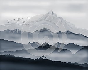 Mountain range illustration, with snow and mist