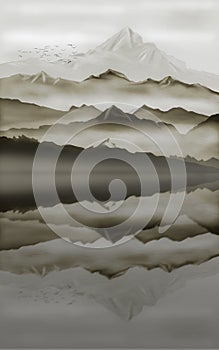 Mountain range and lake illustration, with snow, mist, and reflections