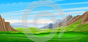 Mountain range. Landscape. Mountains panorama with clouds and meadow. Vector background image. Flat cartoon style. Horizon view