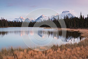 Mountain range landscape view in Jasper NP Rocky Mountains on a autumn day Jasper National Park in the Canadian Rockies. Alberta C