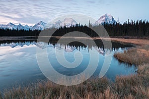 Mountain range landscape view in Jasper NP Rocky Mountains on a autumn day Jasper National Park in the Canadian Rockies. Alberta C