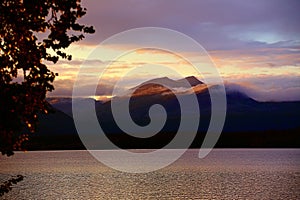 Mountain range Marsfjaellen seen in sunset from lake Kultsjon in Vasterbotten, Sweden