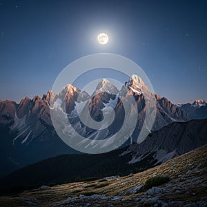 Mountain range at night under a clear sky, featuring a full moon