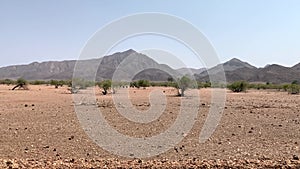 Mountain range in northern Namibia with some ostriches in a distance