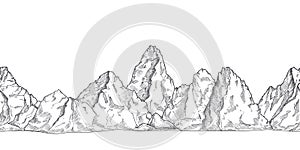 Mountain range. Outline nature drawing, pencil sketch rocky peaks panorama. Art graphics beautiful landscape vector