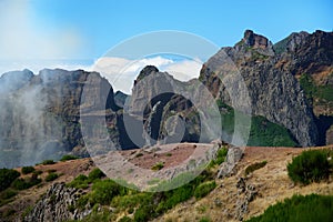 Mountain range on Pico do Arieiro against blue sky. Madeira photo