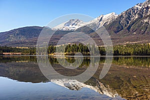 Mountain range with pine forest reflection on Pyramid Lake at Jasper national park