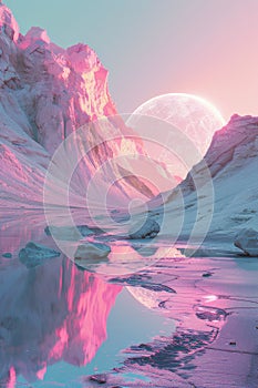 A mountain range with a pink moon in the sky