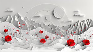 A mountain range with a red tree in the foreground