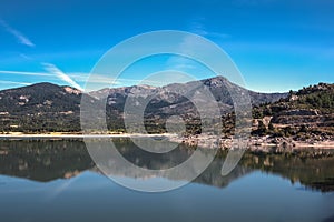 Mountain range reflected on lake