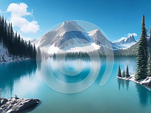 A mountain range with snow-capped peaks is visible in the distance above the lake