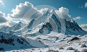 A mountain range with snow on the ground and a few trees in the background.