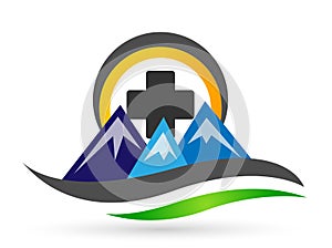 Mountain Range snow top blue medical cross health care people union team work Logo icons symbol logo design on white background