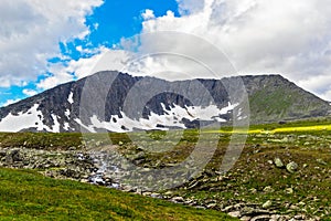 Mountain range in the subpolar urals on a summer day