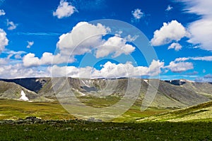 Mountain range in the subpolar urals on a summer day photo