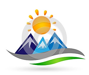 Mountain Range sun snow top blue sky Logo icons symbol logo design on white background