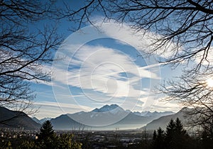 Mountain range under cloudy sky