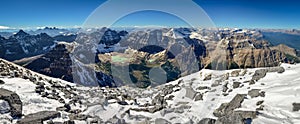 Mountain range view panorama with Paradise valley from Mt Temple