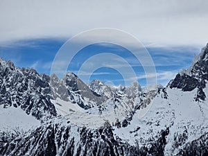 Mountain range view from ski slope in Chamonix ski resort, French Alps