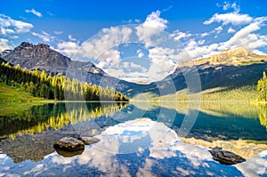 Mountain range and water reflection, Emerald lake, Rocky mountains photo