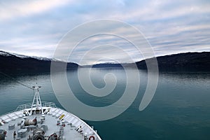 Mountain range in a waterway of the Kangerlussuaq fjord Greenland, Denmark