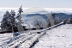 Mountain ranges panorama from Lysa hora hill in winter Beskids mountains