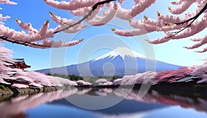 a mountain is reflected in a lake with cherry blossom blooming arround it