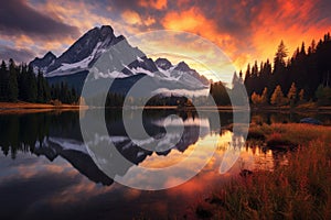 Mountain Reflected in Lake at Sunset, Majestic Natural Scene, View from Picture Lake of Mount Shuksan while the sunrise breaks