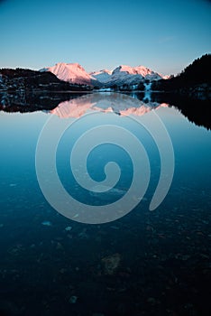 Mountain reflection in a lake at sunset. Beautiful winter landscape. photo