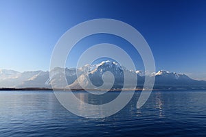 Mountain reflections in Lake Geneva, Switzerland