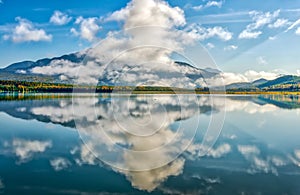 Mountain Reflections in a vivid blue glacial lake on the Alaskan