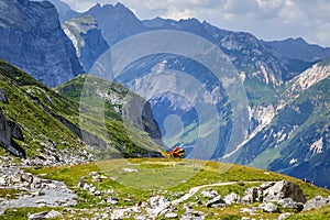 Mountain rescue helicopter in Vanoise national Park, France