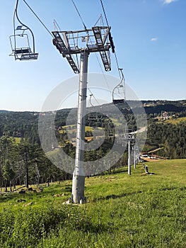 Mountain Resort Chairlift. Old Ski Center equipment.