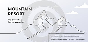 Mountain resort. One line rocky panorama. Ski landscape. Alps adventure by continuous linear drawing. Extreme vacation