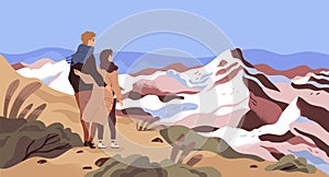 Mountain rest flat vector illustration. Enamored couple, tourists, holiday makers admiring scenery cartoon characters