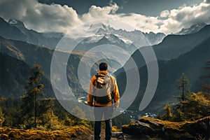 Mountain reverie, man on trek admires view, captured from behind on trail