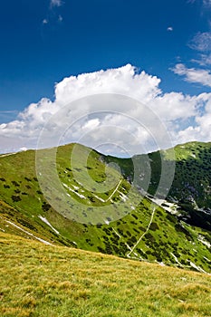 Mountain ridge and blue sky with clouds