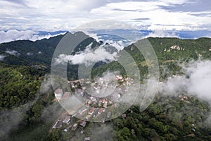 mountain ridge and clouds in rural jungle bush forest. Ban Phahee, Chiang Rai Province, Thailand