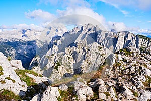 Mountain ridge in Dachstein mountain range, with Gosau and Hallstatter glaciers in the background - view from Donnerkogel summit,